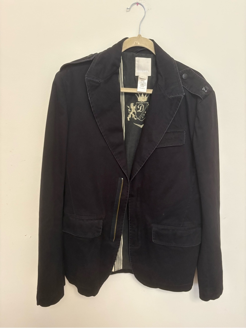 Diesel Black Military Utility Blazer Jacket Size L Cotton Coat Epaulets Y2K